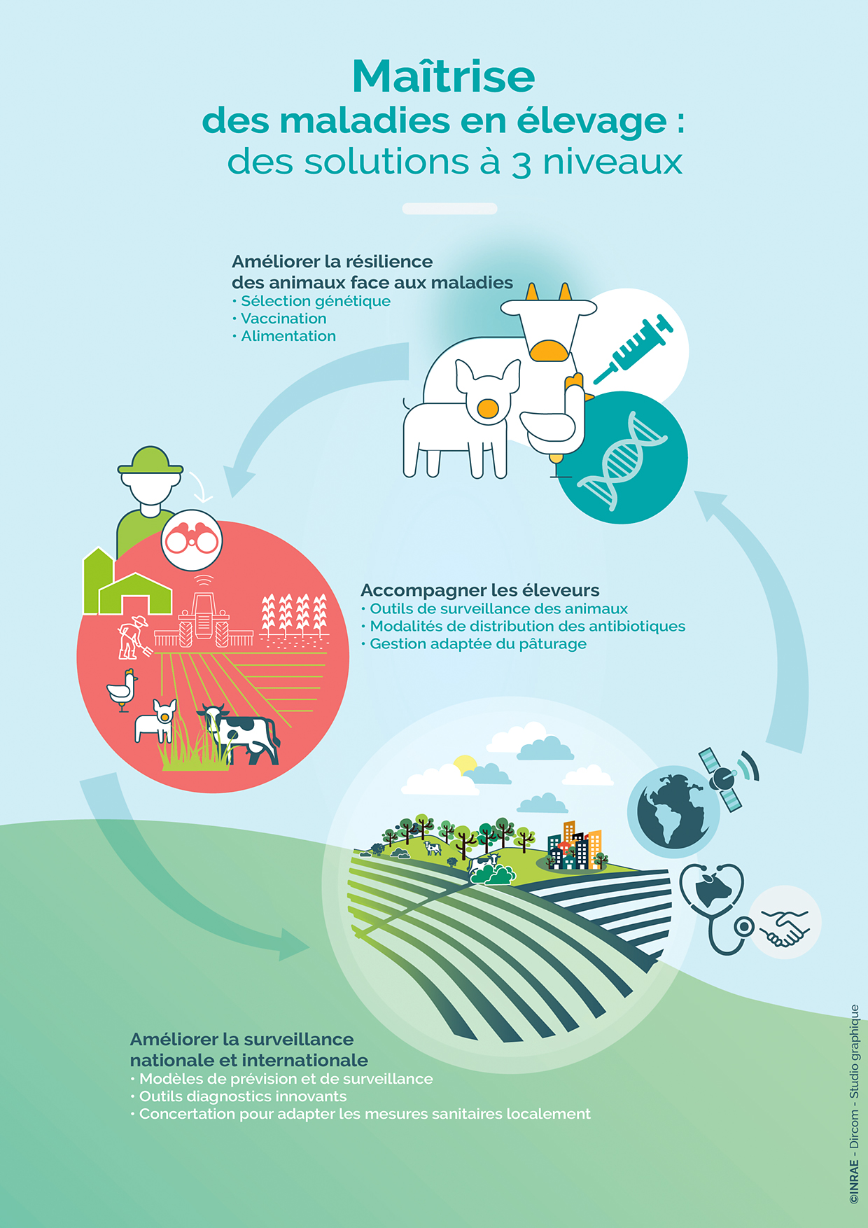 Maîtrise des maladies en élevage : des solutions à 3 niveaux - Améliorer la résilience des animaux face aux maladies : sélection génétique, vaccination, alimentation / Accompagner les éleveurs : outils de surveillance des animaux, modalités de distribution des antibiotiques, gestion adaptée du pâturage / Améliorer la surveillance nationale et internationale : modèles de prévision et de surveillance, outils diagnostics innovants, concertation pour adapter les mesures sanitaires localement