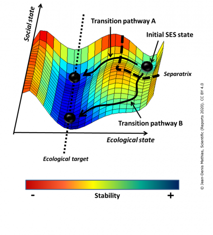 Figure : Interactions entre le système social et le système écologique permettant d’identifier des voies de transition vers des systèmes socio-écologiques durables