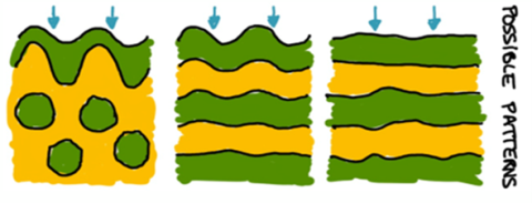 Différents scénarios de spatialisation des ouvertures de la canopée. Les arbres restants sont représentés en vert tandis que les ouvertures sont en jaunes. 