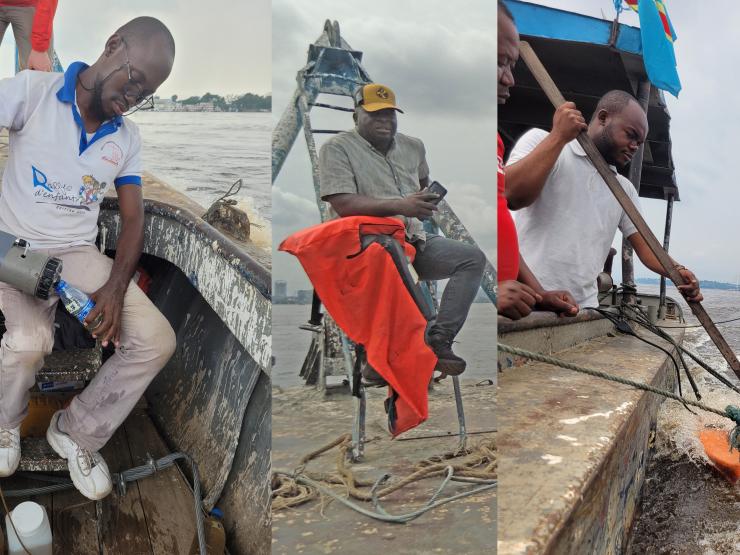 Mehida Jophet Lackish BOUEDIBELA, Cédrick MOLEKA-TSIBA et Bonheur MATSOUELE-NZONZI lors du jaugeage du fleuve Congo en janvier 2024
