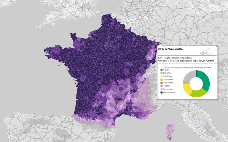 Carte issue d'ACCESSFOR, représentant l'accessibilité des fôrets métropolitaine pour un engin de type porteur forestier