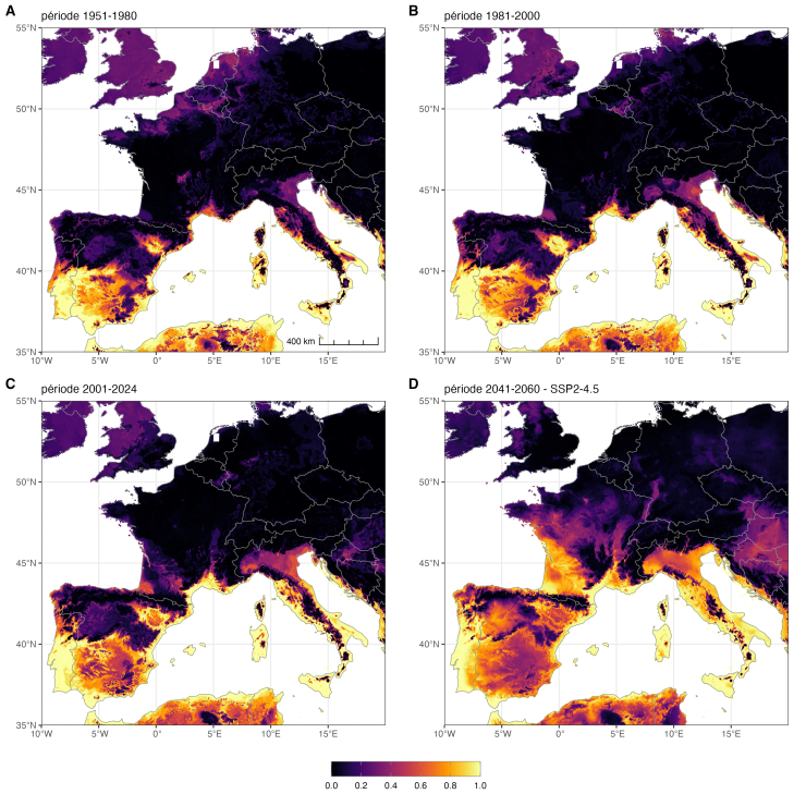 Cartes Adéquation climatique pour la pyrale du daphné